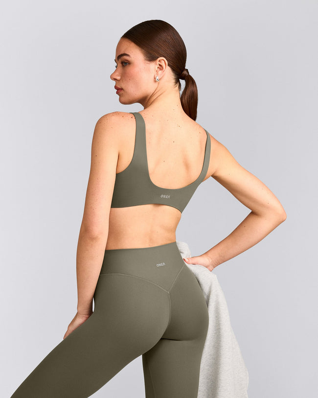 SoftMotion™ Scoop Back Bralette with Grey Logo | Alpine Green