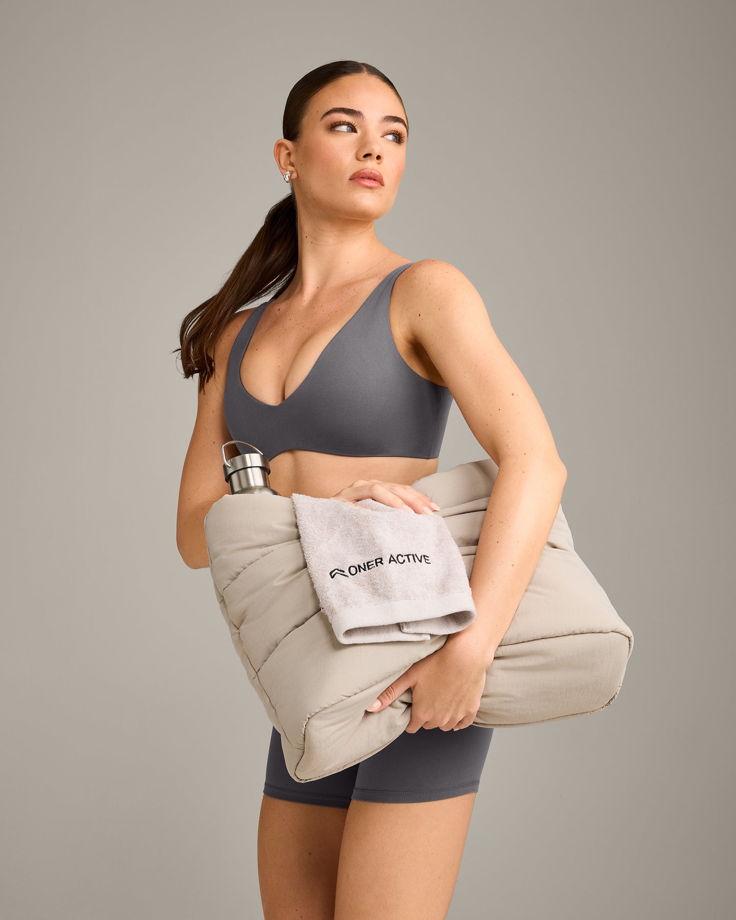 SoftMotion™ Scoop Back Bralette with Grey Logo | Ash Grey