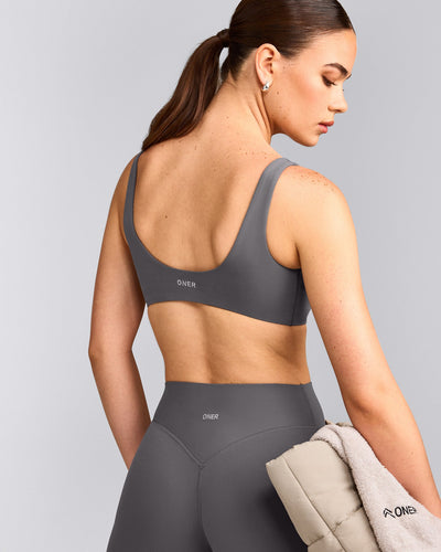 SoftMotion™ Scoop Back Bralette with Grey Logo | Ash Grey