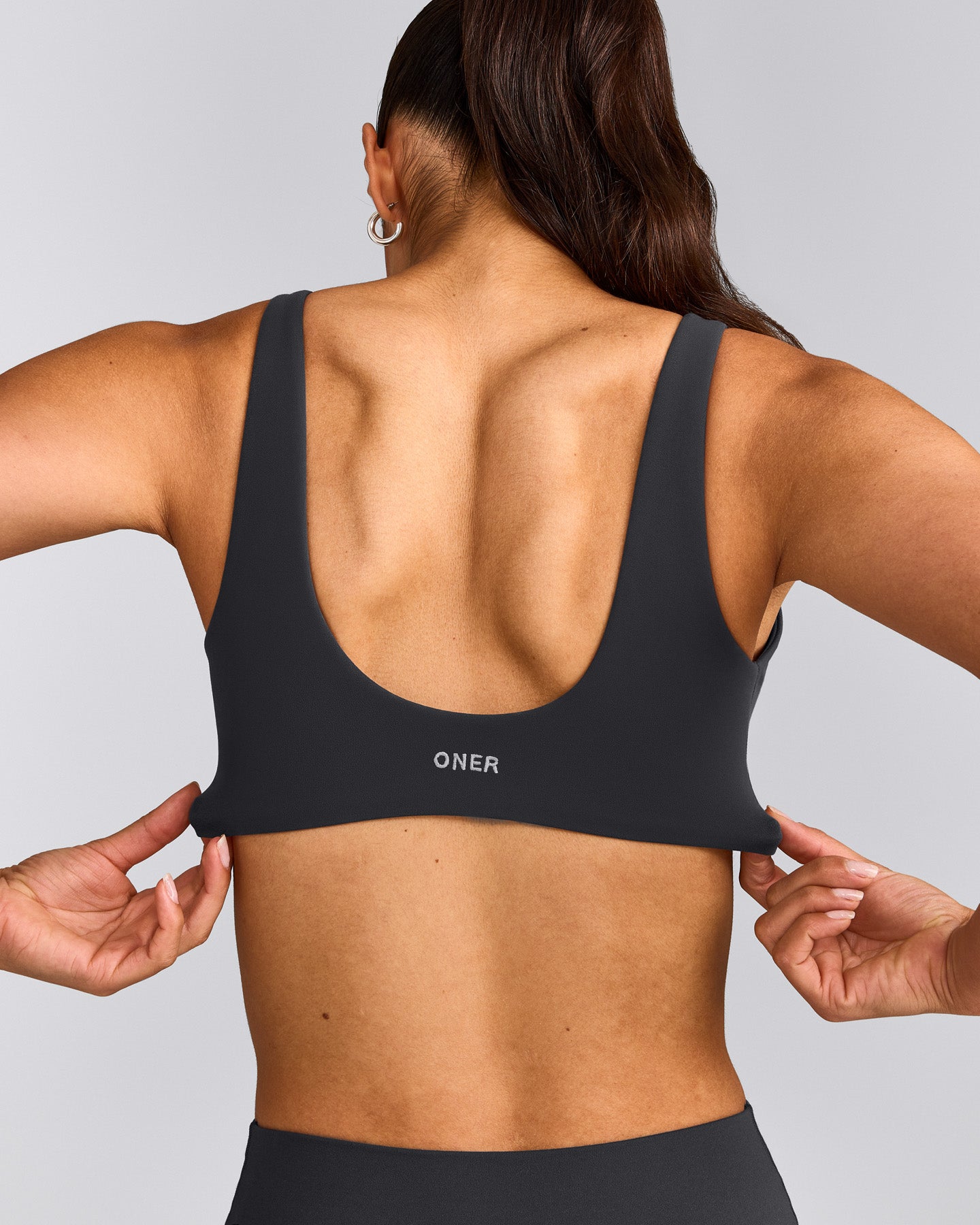 SoftMotion™ Scoop Back Bralette with Grey Logo | Coal