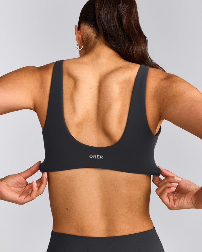 SoftMotion™ Scoop Back Bralette with Grey Logo | Coal