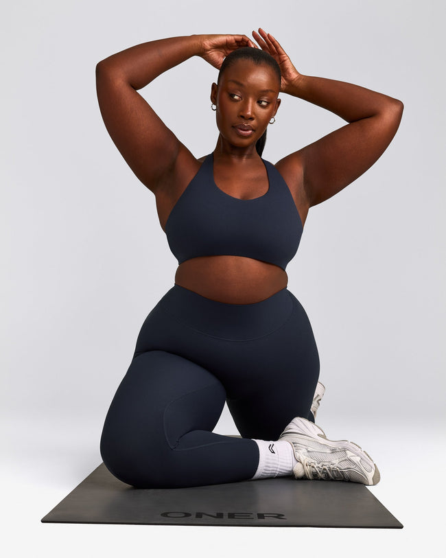 SoftMotion™ Sports Bra with Grey Logo | True Blue