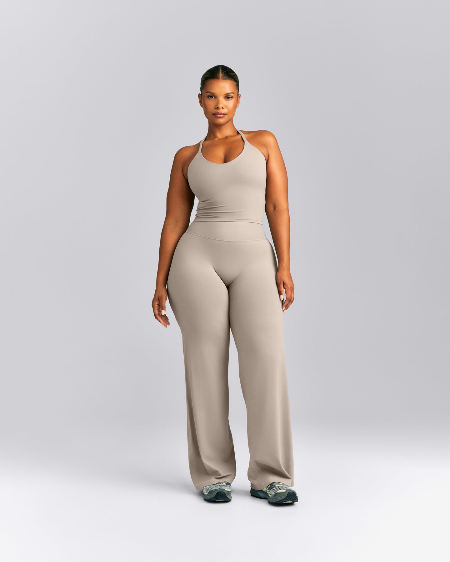 SoftMotion™ Strappy Halter Neck Mid Tank Top with Built in Bra Shelf | Warm Sand