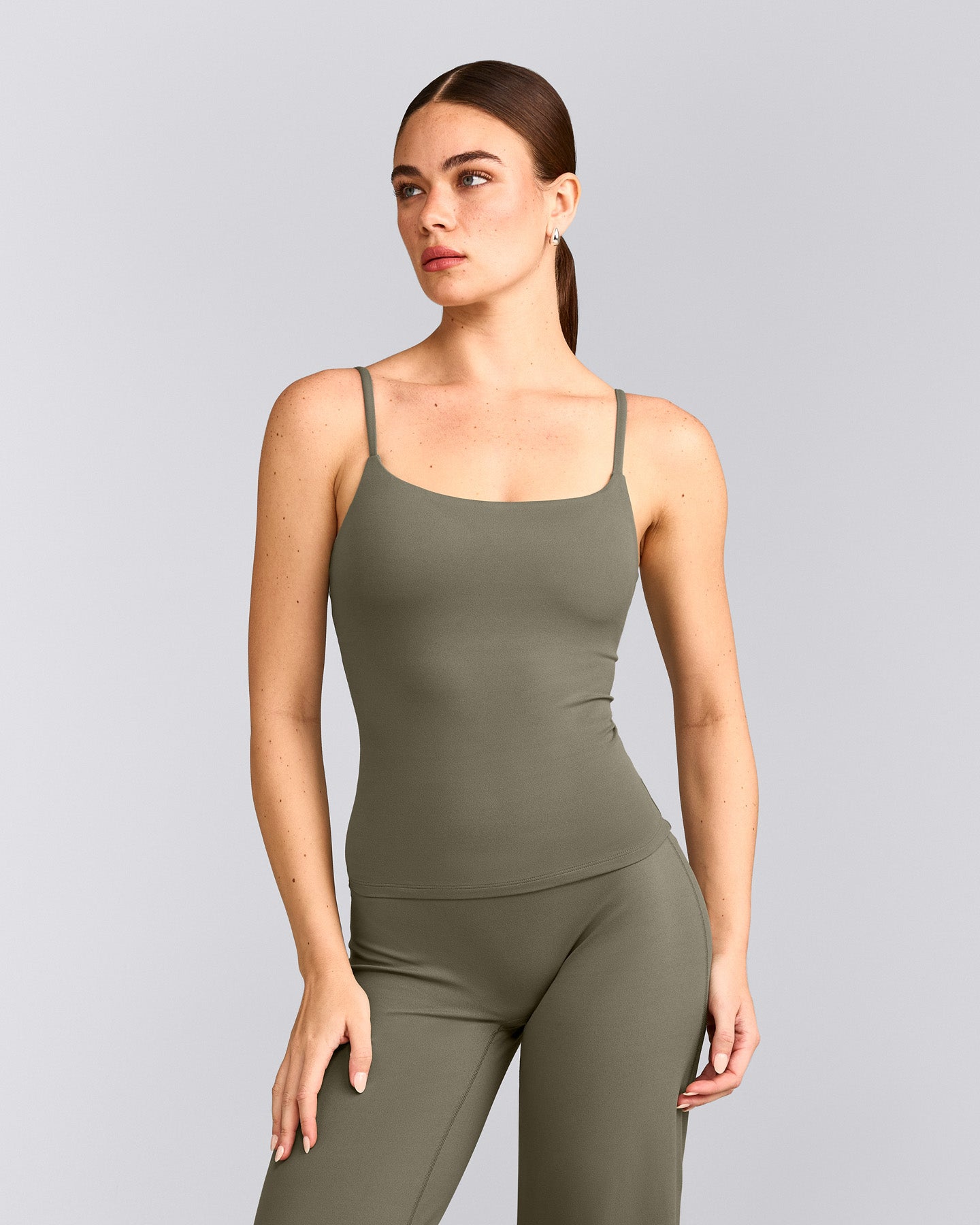 SoftMotion™ Strappy Vest with Built in Bra Shelf with Grey Logo | Alpine Green