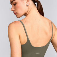 SoftMotion™ Strappy Vest with Built in Bra Shelf with Grey Logo | Alpine Green