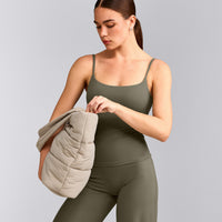 SoftMotion™ Strappy Vest with Built in Bra Shelf with Grey Logo | Alpine Green