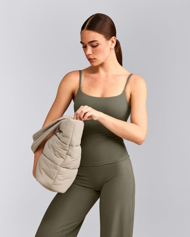 SoftMotion™ Strappy Vest with Built in Bra Shelf with Grey Logo | Alpine Green