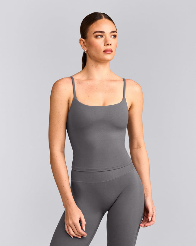 SoftMotion™ Strappy Mid Vest with Built in Bra Shelf with Grey Logo | Ash Grey