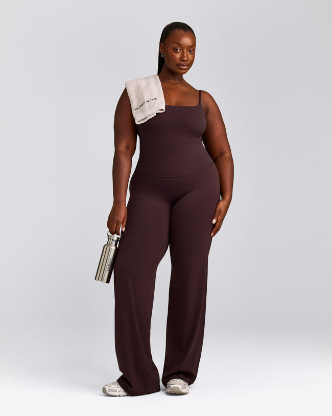 SoftMotion™ Strappy Mid Vest with Built in Bra Shelf with Grey Logo | Plum Brown