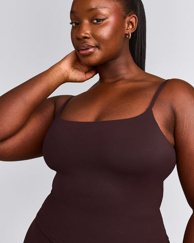 SoftMotion™ Strappy Mid Vest with Built in Bra Shelf with Grey Logo | Plum Brown