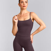 SoftMotion™ Strappy Mid Vest with Built in Bra Shelf with Grey Logo | Dark Umber Brown