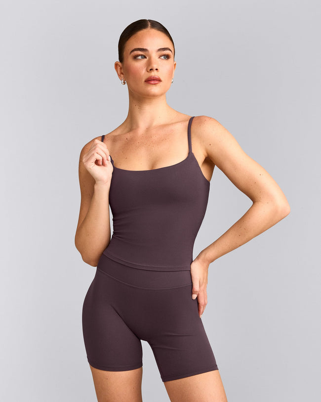 SoftMotion™ Strappy Mid Vest with Built in Bra Shelf with Grey Logo | Dark Umber Brown