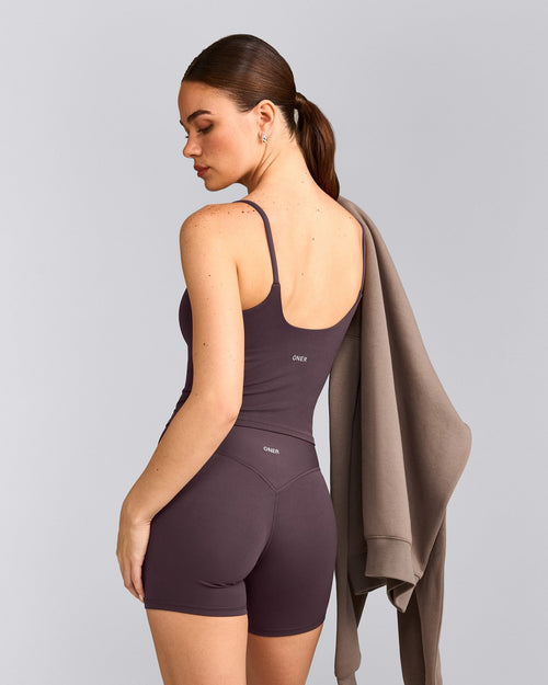 SoftMotion™ Strappy Mid Vest with Built in Bra Shelf with Grey Logo | Dark Umber Brown