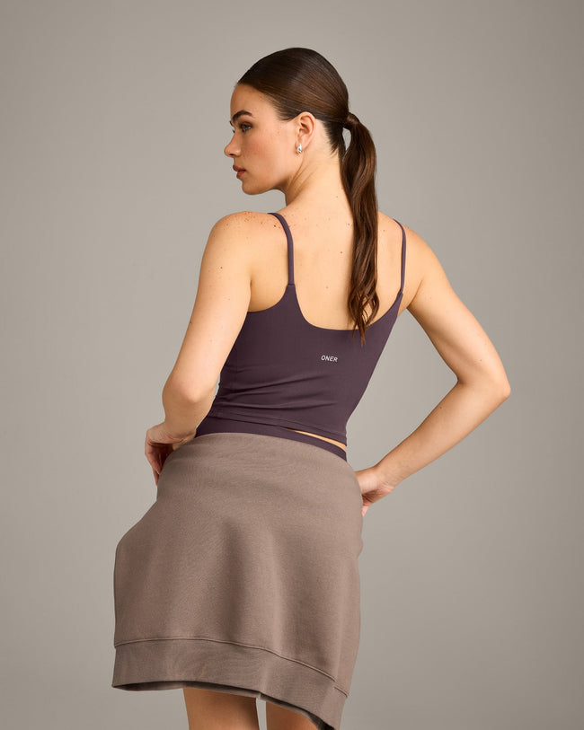 SoftMotion™ Strappy Mid Vest with Built in Bra Shelf with Grey Logo | Dark Umber Brown