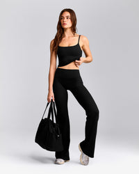 SoftMotion™ Strappy Mid Vest with Built in Bra Shelf with Grey Logo | Black