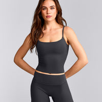 SoftMotion™ Strappy Mid Vest with Built in Bra Shelf with Grey Logo | Coal