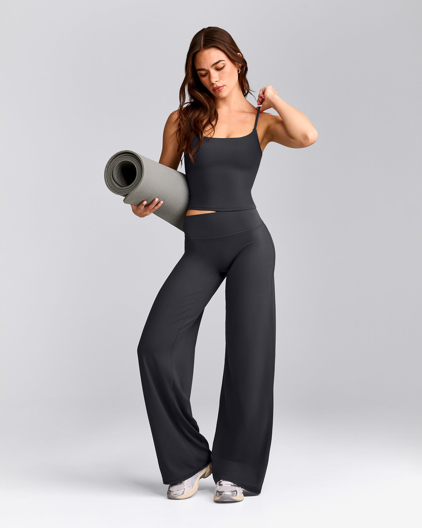 SoftMotion™ Strappy Mid Vest with Built in Bra Shelf with Grey Logo | Coal