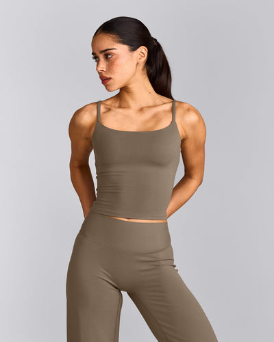 SoftMotion™ Strappy Mid Vest with Built in Bra Shelf with Grey Logo | Moss Brown