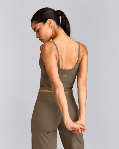 SoftMotion™ Strappy Mid Vest with Built in Bra Shelf with Grey Logo | Moss Brown
