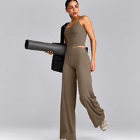 SoftMotion™ Strappy Mid Vest with Built in Bra Shelf with Grey Logo | Moss Brown