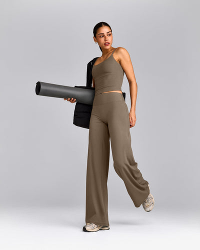 SoftMotion™ Strappy Mid Vest with Built in Bra Shelf with Grey Logo | Moss Brown