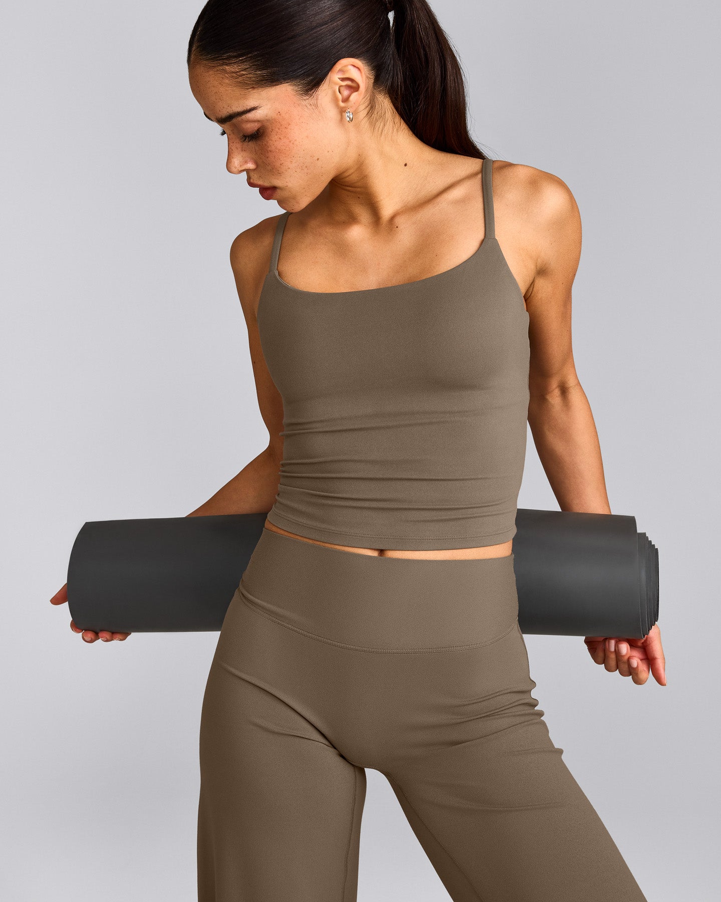 SoftMotion™ Strappy Mid Vest with Built in Bra Shelf with Grey Logo | Moss Brown