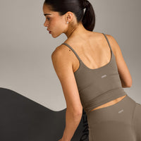 SoftMotion™ Strappy Mid Vest with Built in Bra Shelf with Grey Logo | Moss Brown