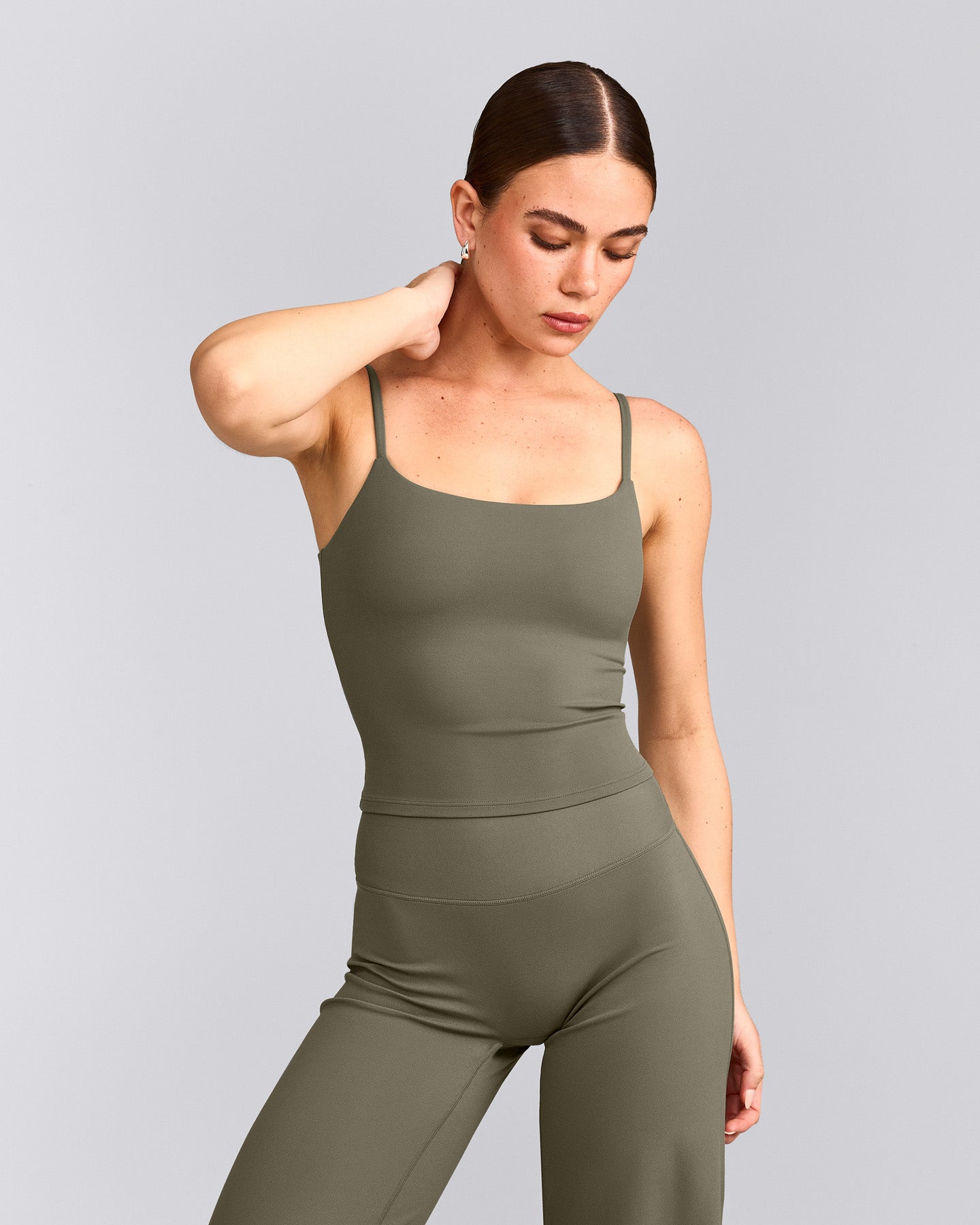 SoftMotion™ Strappy Mid Tank Top with Built in Bra Shelf with Grey Logo | Alpine Green