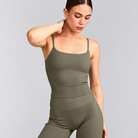 SoftMotion™ Strappy Mid Tank Top with Built in Bra Shelf with Grey Logo | Alpine Green