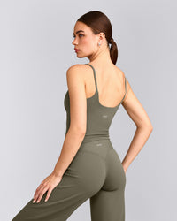 SoftMotion™ Strappy Mid Tank Top with Built in Bra Shelf with Grey Logo | Alpine Green