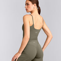 SoftMotion™ Strappy Mid Tank Top with Built in Bra Shelf with Grey Logo | Alpine Green