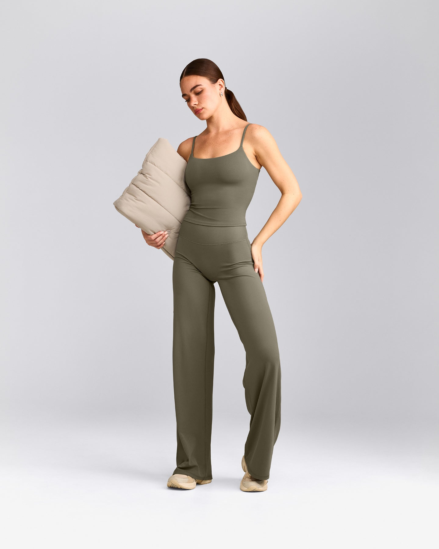 SoftMotion™ Strappy Mid Tank Top with Built in Bra Shelf with Grey Logo | Alpine Green