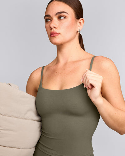 SoftMotion™ Strappy Mid Tank Top with Built in Bra Shelf with Grey Logo | Alpine Green