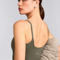 SoftMotion™ Strappy Mid Tank Top with Built in Bra Shelf with Grey Logo | Alpine Green
