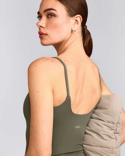 SoftMotion™ Strappy Mid Tank Top with Built in Bra Shelf with Grey Logo | Alpine Green