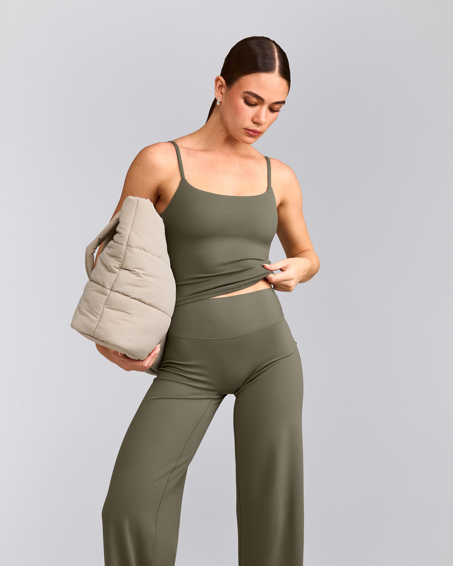 SoftMotion™ Strappy Mid Tank Top with Built in Bra Shelf with Grey Logo | Alpine Green