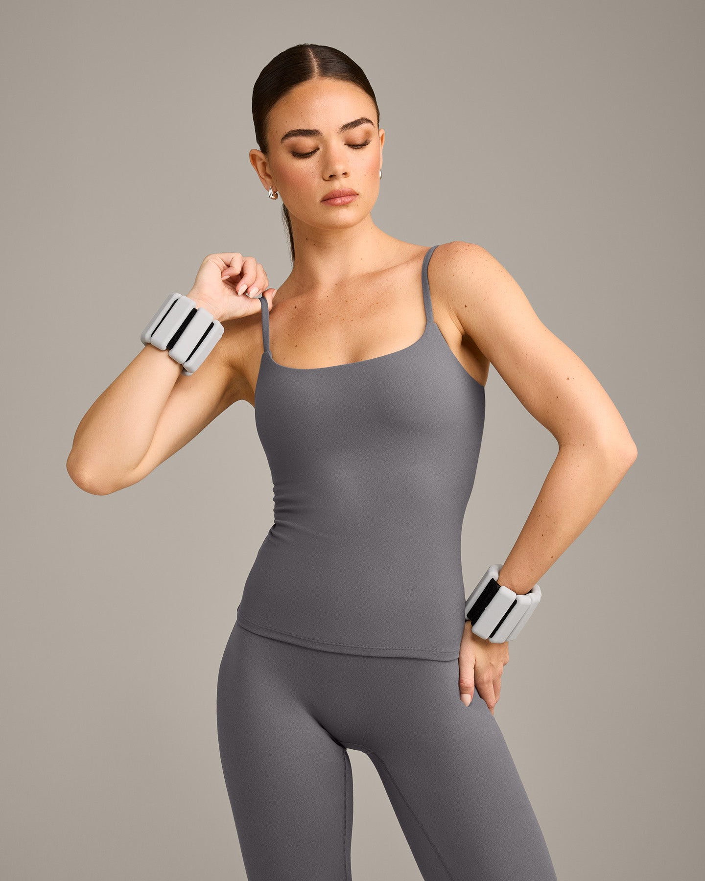 SoftMotion™ Strappy Vest with Built in Bra Shelf with Grey Logo | Ash Grey