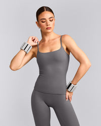 SoftMotion™ Strappy Vest with Built in Bra Shelf with Grey Logo | Ash Grey