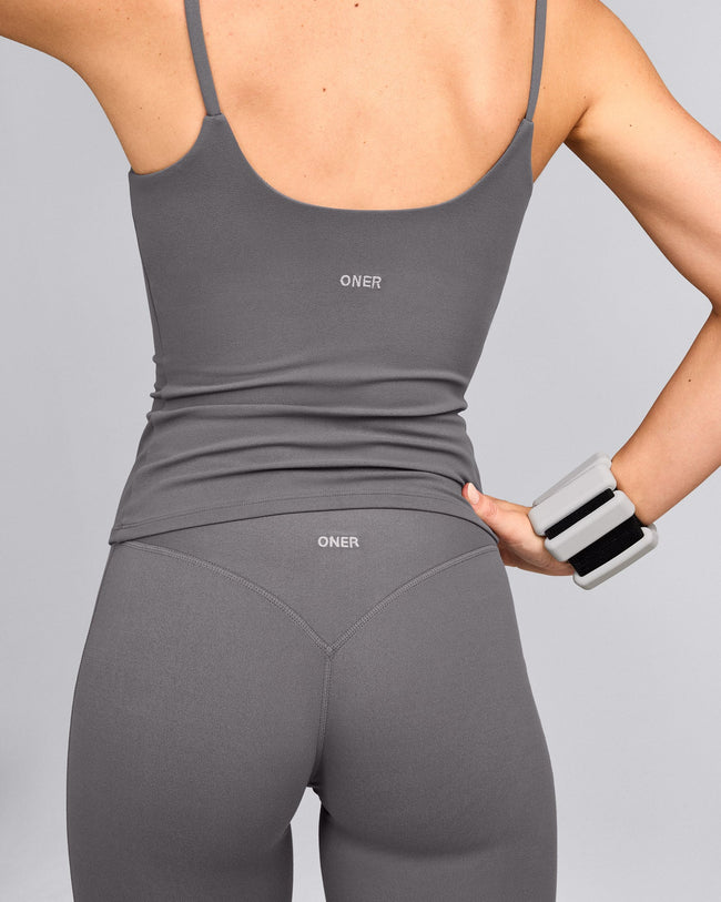 SoftMotion™ Strappy Vest with Built in Bra Shelf with Grey Logo | Ash Grey