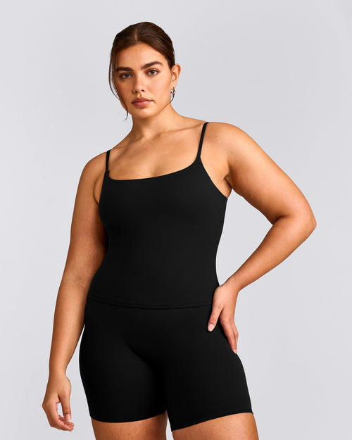 SoftMotion™ Strappy Vest with Built in Bra Shelf with Grey Logo | Black
