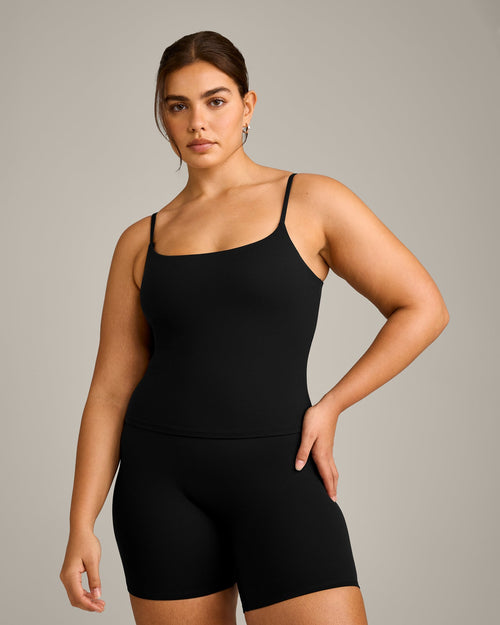 SoftMotion™ Strappy Vest with Built in Bra Shelf with Grey Logo | Black