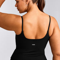 SoftMotion™ Strappy Vest with Built in Bra Shelf with Grey Logo | Black
