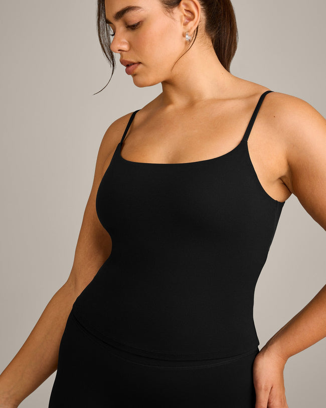 SoftMotion™ Strappy Vest with Built in Bra Shelf with Grey Logo | Black