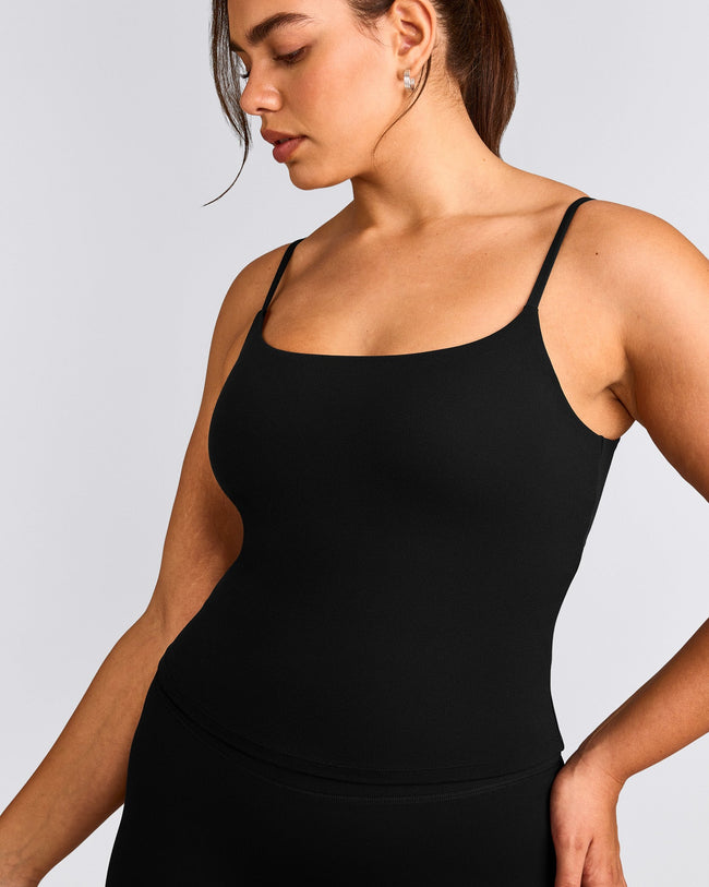 SoftMotion™ Strappy Vest with Built in Bra Shelf with Grey Logo | Black