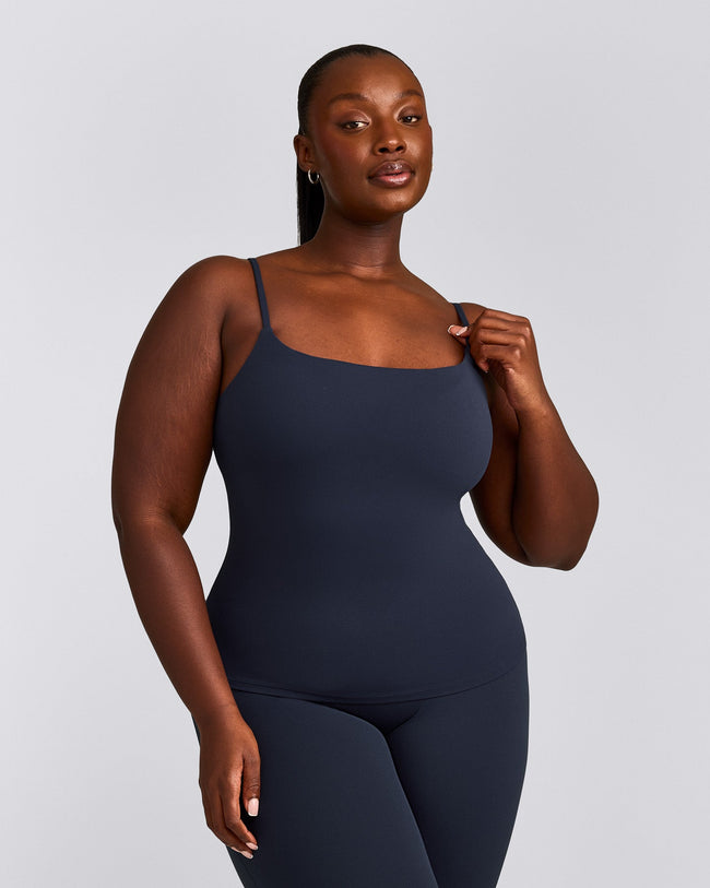 SoftMotion™ Strappy Vest with Built in Bra Shelf with Grey Logo | True Blue