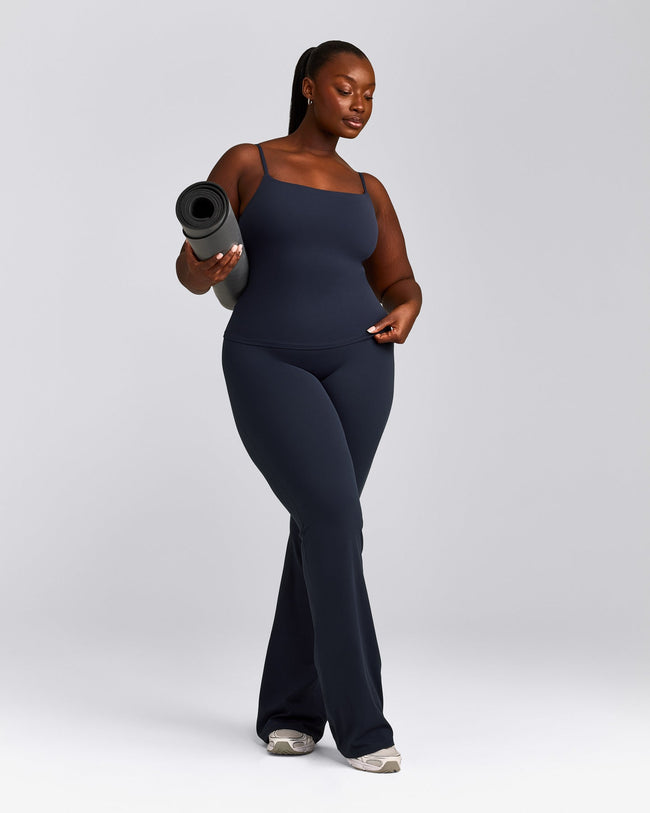 SoftMotion™ Strappy Vest with Built in Bra Shelf with Grey Logo | True Blue