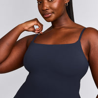 SoftMotion™ Strappy Vest with Built in Bra Shelf with Grey Logo | True Blue