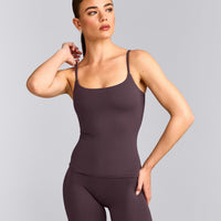 SoftMotion™ Strappy Tank Top with Built in Bra Shelf with Grey Logo | Dark Umber Brown
