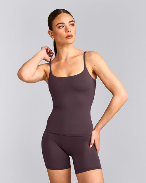 SoftMotion™ Strappy Vest with Built in Bra Shelf with Grey Logo | Dark Umber Brown