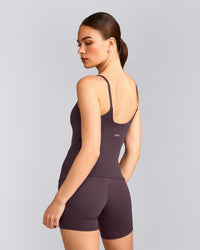 SoftMotion™ Strappy Tank Top with Built in Bra Shelf with Grey Logo | Dark Umber Brown